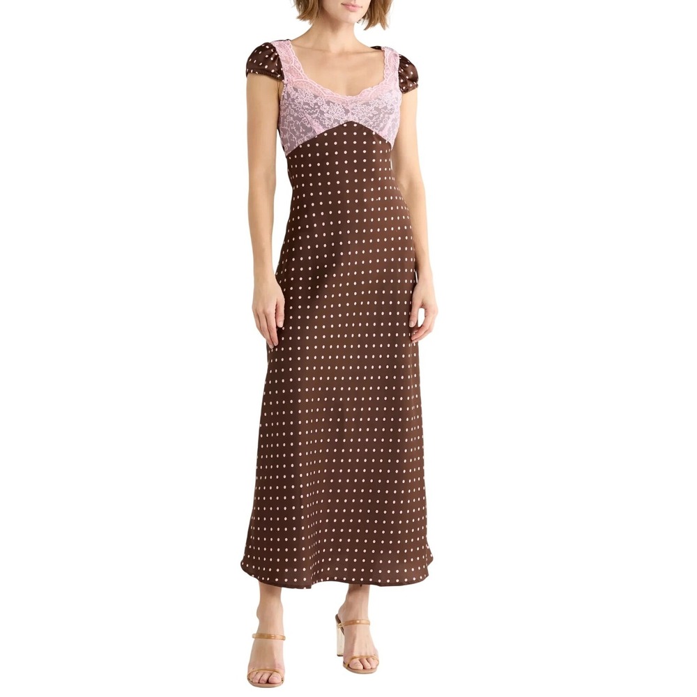 Betsey Johnson Size L Brown Pink Polka Dot Lace Satin Maxi Dress Y2K Whimsigoth
